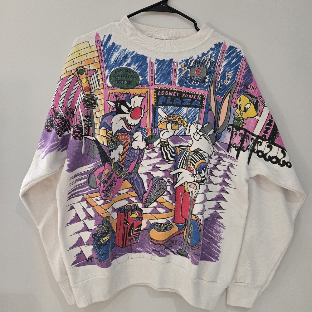 Vintage 1994 Looney Tunes “Shop Till You Drop” AOP Crewneck Sweatshirt Large